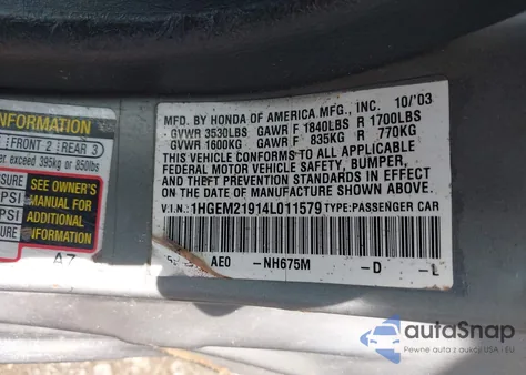 2004 Honda Civic Ex from USA, damaged, VIN 1HGEM21914L011579